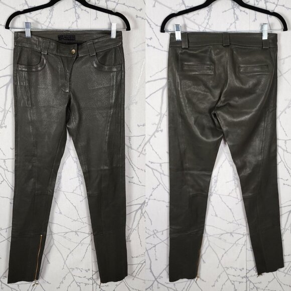 Turrath Army Green Lambskin Leather Mid Rise Skinny Pants - Picture 1 of 5
